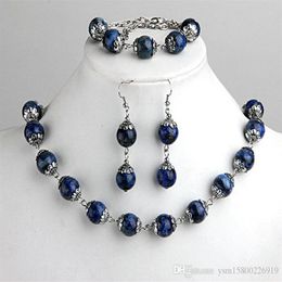 1set fashions lapis lazuli ball beads bracelet necklace earrings hook Jewellery set 0 47 2234