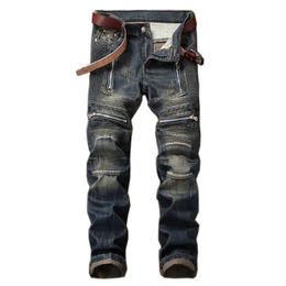 Mens Biker Pleated Jeans Pants Washed Zipper Motorcycle Denim Trousers For Male Washed Plus Size 29-42294u