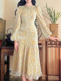 Basic Casual Dresses New Fashion Autumn Light Luxury Print Flower Dress For Women Long Sleeve Celebrity Trumpet Mermaid Dress Female Clothing 2024