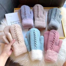 Winter Women Keep Warm Plus Velvet Inside Wrist Thicken Twist Knit Mittens Full Finger Cycling Woollen Gloves Soft Cute Lovely