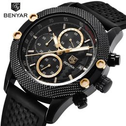 BENYAR Mens Watches Top Luxury Sport Chronograph Fashion Men Waterproof Luxury Brand Gold Quartz Watch saat reloj hombre300o