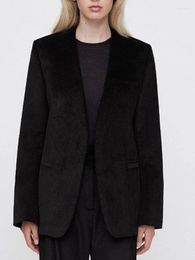 Women's Suits 2023 Ladies Black Corduroy Loose Straight Deep V Collarless Cardigan Blazer
