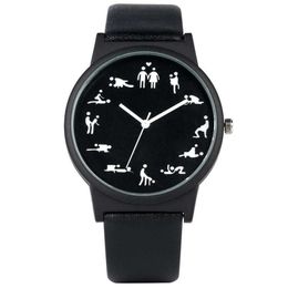 Creative Fun Quartz Watch for Men Black Dial Quartz Watches Comfortable Black Leather Strap Wristwatch for Male H1012268S