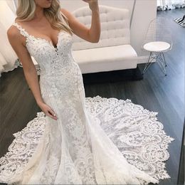 Berta Gorgeous Mermaid Lace Wedding Dresses Appliqued Straps V Neck Backless Bridal Gowns Chapel Plus Size Vestidos De Nnovia estidos