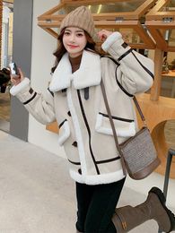 Women's Fur 2023 Autumn And Winter Lamb Fleece Polo Collar Spliced Leather One Piece Short Faux Jacket Coat B21