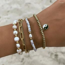 Strand 5pcs/set Fashion Party Jewellery Pearl Wristband Gift For Women Bracelet Retro Gold Colour Beads Pearls Stretch Bracelets B040