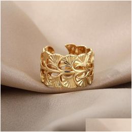 Cluster Rings Vintage Surround Ginkgo Leaf Open For Women Gold Stainless Steel Wide Ring Adjustable Cuff Female Jewelry Gift Drop Deli Dhj0Z