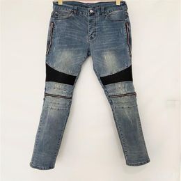 Luxury designer Mens jeans Long pants Skinny zipper Black blue knee Spell leather Destroy the quilt Ripped hole fashion jean Men D262I