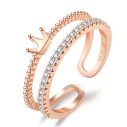 Rings Simple Female White Zircon Stone Ring Rose Gold Sier Color Engagement Trendy Crystal Crown Open For Women Drop Delivery Jewelry Dhvem