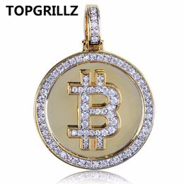 TOPGRILLZ Hip Hop Gold Color Color Plated Iced Out Micro Pave Zirconia Round Bitcoin Pendant Necklace For Men Women2498