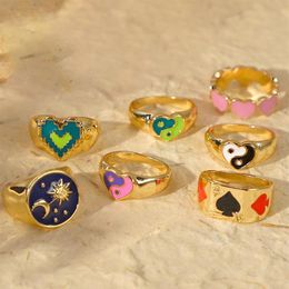 Cluster Rings Y2K Jewelry Gold-plated Moon Sun Heart Yin Yang Ring For Women Vintage Punk Fashion Poker Charms 90s Aesthetic230s