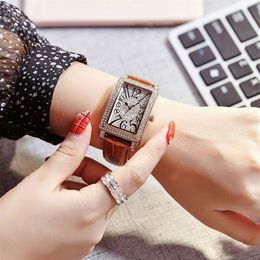 Diamond Luxury Ladies Watch Fashopn Women watches Modern Rhinestone Rectangle Dial Leather Strap Quartz wristwatch For girls lady 274t