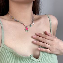 Summer dopamine pink green five pointed star necklace designed by female niche, sweet and cool, colorful, versatile, and trendy collarbone chain