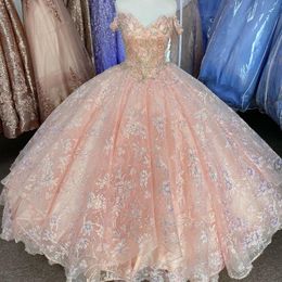 Luxury Pink 2024 Princess Quinceanera Dresses Off Shoulder Sparkly Flower Appliques Lace Beads Ball Gown Sweet 16 Dresses