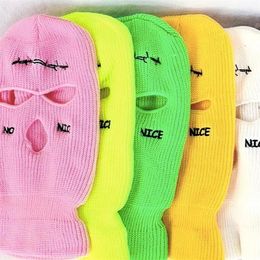 Berets Balaclava Army Tactical Winter Riding Warm Beanie Hat 3 Hole Full Face Embroidery Knitting Ski Mask Unisex Prom Party Pink 323f