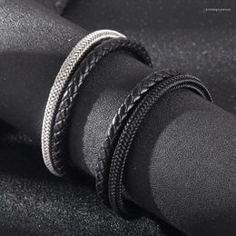 Charm Bracelets Stainless Steel Double-Stranded Leather Bracelet For Men With Magnetic Clasp Hiphop Jewellery Boy Gift