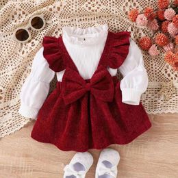 Clothing Sets Toddler Girls Long Sleeve Solid Colour Ruffles Ribbed Tops Bowknot Suspenders Velvet Skirt Two Baby Pant Pack Girl 8 12 Clothes