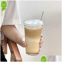 Wine Glasses Simple Vertical Striped Glass With Lid St Cup High-Value Water Milk Coffee Drink 375Ml Drop Delivery Home Garden Kitche Dh28C