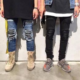 Men's Jeans High Street Ripped Skinny Men Black Stretch Patch Leather Denim Trousers Blue Slim Pencil Pants Men's289U