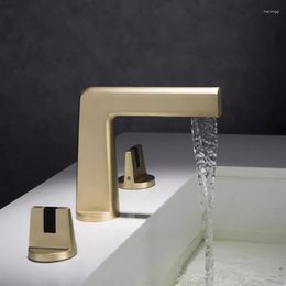 Bathroom Sink Faucets Brushed Gold Basin Faucet Total Brass Black Grey 3 Hole And Cold Waterfall Water Tap