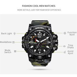 SMAEL Brand Men Dual Time Camouflage Military Digital Watch LED Wristwatch 50M Waterproof 1545BMen Clock Sport Watches237c