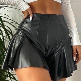 Women's Panties Women Faux Leather Mini Pants A-line Ruffle Zipper Black Skirts Shorts High Waist Exotic Party Latex Clubwear2508