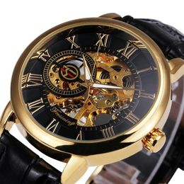 Forsining 3d Logo Design Hollow Engraving Black Gold Case Skeleton Mechanical Men Watches Heren Leather Strap Heren Horloge Y19052270w