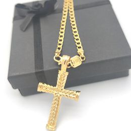 Cross 24 k Solid gold GF charms lines pendant necklace Curb Chain christian Jewellery factory wholecrucifix god gift222i