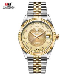 TEVISE Fashion Automatic Men Watch Luminous Mechanical Watches Gold Dial Skeleton Men Watch Business Men's Wristwatches280S