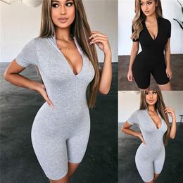 Sexy Women Zipper V-neck Jumpsuits Fitness Tights Playsuit Costume Short Sleeve Romper Tracksuit For Women219Y