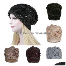 Beanie/Skull Caps Beanies Beanie/Skl Autumn And Winter Hat Beanie Lace Floral Bagggy Cancer Cap Turban Ladys Warm Eavesless Scarf Capp Dhcul