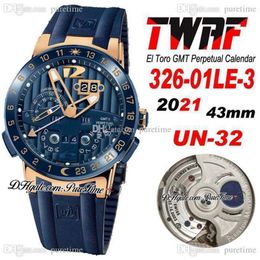 TWAF Executive El Toro UN-32 Automatic Mens Watch GMT Perpetual Calendar Rose Gold Blue Textured Dial Rubber Strap 326-01LE-3 Supe202l