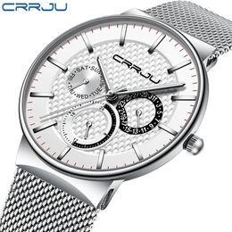 Mens Watches CRRJU Top Brand Luxury Waterproof Ultra Thin Date Clock Male Steel Strap Casual Quartz Watch White Sport WristWatch L236O