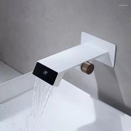 Bathroom Sink Faucets Basin Faucet Mixe Grey Brass Tap Wall Mounted Temperature Digital Display With Embedded Box Waterfall Type Cold White