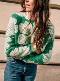 Women's Sweaters Women Wool Blend Green Flower Knitted Sweater Ladies O-Neck Knitwear Long Sleeve Pullover Tops Female Casual Jumper