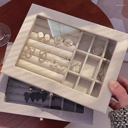 Jewellery Pouches Flannel Storage Box Carrying Case With Glass Cover Drawer Display Packaging Earrings Ring Bracelet Tray Holder Organiser