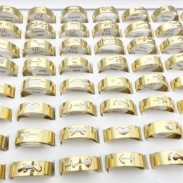 Whole 100PCS Stainless Steel Band Rings For Men Laser Cut Mixed Patterns Fashion Jewelry Womens Ring Size 17-21mm Golden Plate231w