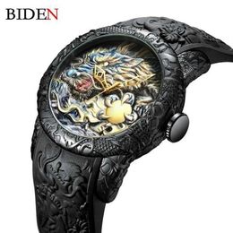 Fashion BIDEN Mens Watches Dragon Design Quartz Watch Silicone Strap Waterproof Sport Wristwatch Male Clock Relogio Masculino X062285j