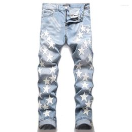 Men's Jeans High Quality Punk Retro Blue Ripped Fashion Casual Cotton Slim Stretch Pants Embroidered Pentagram Denim Trousers