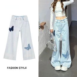 Women's Jeans Original Design Washed Butterfly Patch Embroidered Light Blue For Women Autumn High Waist Slim Ragged Loose Leg Pants