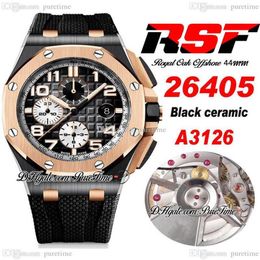 RSF 44mm A3126 Automatic Chronograph Mens Watch Two Tone 18K Rose Gold Bezel Black Ceramic Case Textured Dial Number Markers Rubbe166I