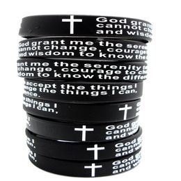 100pcs Inspirational English Serenity Prayer Silicone Bracelets Christian Men Cross Fashion Wristbands whole GOD SERENITY Jewe264T