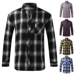 Men's Casual Shirts Checked Mens Spring And Autumn Leisure Business Plaid Brushed Pocket Button Long Sleeve Shirt Retro Geometric Holiday