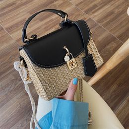 New Women's Bag Korean Version Fashion Lock Button Straw Woven Bag Leisure Handheld Small Square Bag Women's Bag