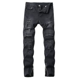 Men Casual Jeans Hole Slim Straight Pleated Biker Jeans Pants Male Zipper Denim Fashion Black Pants246k