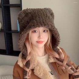 Berets HT4243 Fashion Winter Hats For Women Solid Plain Soft Fleece Earflap Cap Ladies Knitted Russian Hat Female Cute Snow Ski