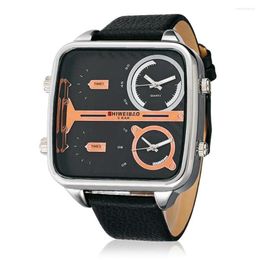 Wristwatches Dual Times Military Watches Men Quartz Wrist Mens Leather Strap Square Big Case Sports Relogio Masculino207V