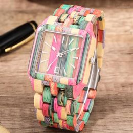 Wristwatches Colourful Square Full Wood Watch Quartz Men Women Watches Minimalist Dial With Calendar Retro Wooden Gifts For Dad Gra252F