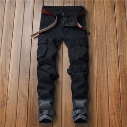 Men Streetwear Hip hop Multi-pocket Cargo Motorcycle Skinny Jeans Distressed Slim fit Stretch black Denim Biker Pencil pants C1123291c