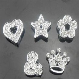 Whole 100pcs lot 10mm mix styles heart star crown & flower full rhinestones slide charms fit for 10MM DIY leather wristband251A